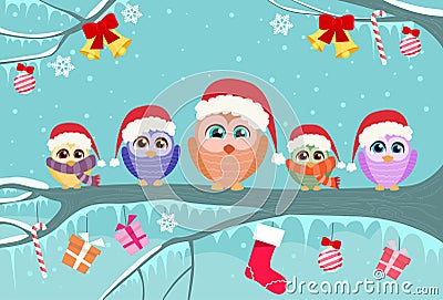 Christmas Owl Sitting on Tree Branch Decoration Vector Illustration