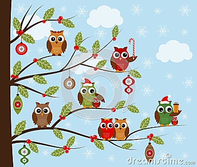 Christmas Owls Vector Illustration