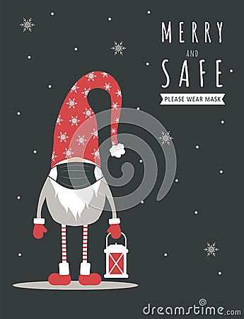 Christmas pandemic. Cute gnome in medical face mask. Vector Illustration