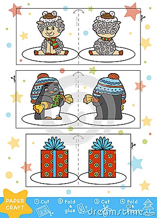 Christmas Paper Crafts for children. Sheep, Penguin and gift Vector Illustration