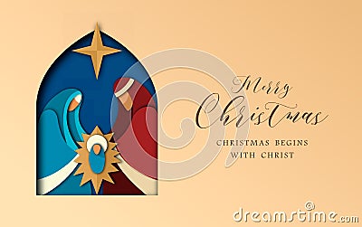 Christmas paper cut card of jesus and holy family Vector Illustration