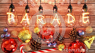 Christmas Parade - cozy wooden table with xmas ornaments with cones, candy cane, shiny balls and warm incandescent bulb lights Cartoon Illustration