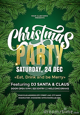 Christmas Party banner template with text and fir tree branches border. 24 December music club Xmas party celebration invitation Vector Illustration