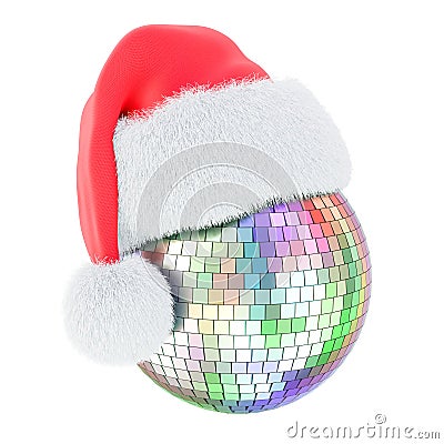 Christmas party concept. Mirror disco ball with red Santa hat, 3D rendering Stock Photo