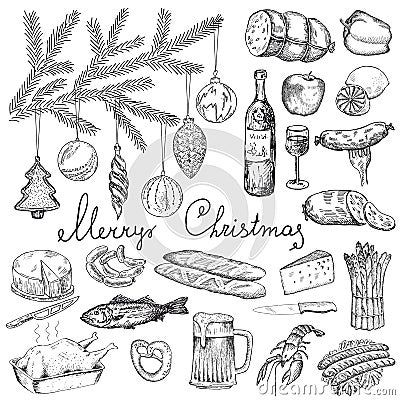 Christmas party with different food Vector Illustration