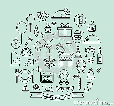 Christmas party elements outline icons set Vector Illustration