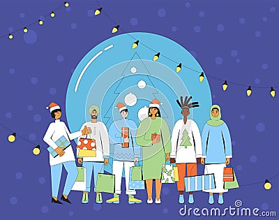 Christmas party. Friends exchanging holiday gifts. Vector Vector Illustration