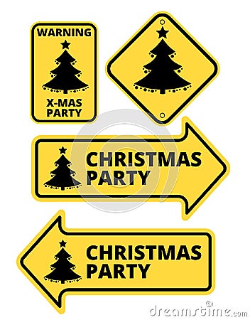 Christmas Party Humourous Yellow Road Arrow Signs Set. Vector illustrations Vector Illustration