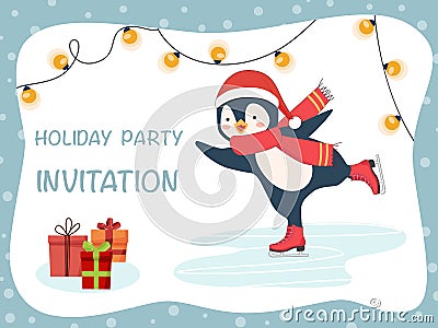 Christmas party invitation card with an illustrated penguin on skates Vector Illustration