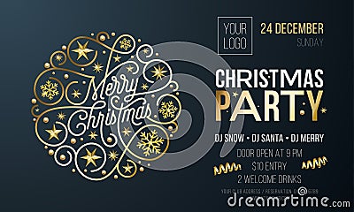 Christmas party invitation card or poster of golden New Year decoration for holiday event design template. Vector calligraphy lett Vector Illustration