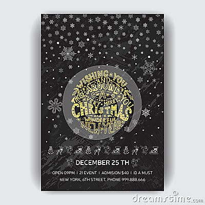 Christmas party invitation. Design template with xmas hand-drawn graphic illustrations. New Year and Christmas holidays pattern Cartoon Illustration