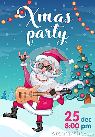 Christmas party invitation poster, cool Santa Claus with electronic guitar and christmas tree Vector Illustration