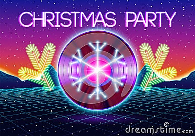 Christmas party invitation poster or flyer with vinyl lp for dj and retro 80s neon styled landscape. Vector Illustration