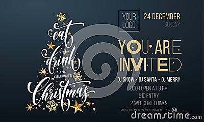 Merry Christmas party poster greeting vector golden decoration snowflake New Year background Vector Illustration