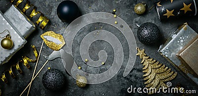 Christmas party invitation - silver, gold and black decorations Stock Photo