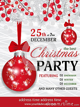 Christmas party invitation template background with fir white br Vector Illustration