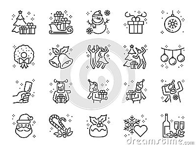 Christmas party line icon set. Included the icons as fun, enjoy, party, good mood, celebrate, success and more. Vector Illustration