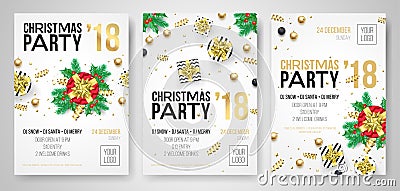 Christmas party 2018 New Year celebration invitation poster of flyer design templates. Vector present gift in golden ribbon bow on Vector Illustration