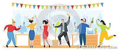 Christmas party in office vector illustration, Team of happy corporate people celebrate, dance, have fun on New Year Vector Illustration