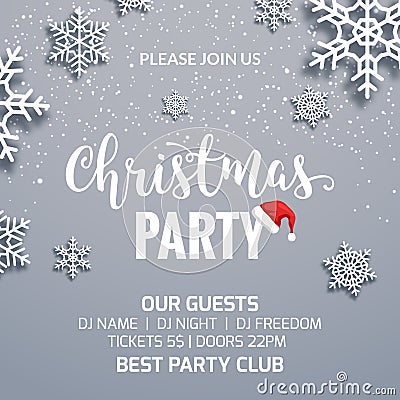 Christmas party poster invitation decoration design. Xmas holiday template background with snowflakes Vector Illustration