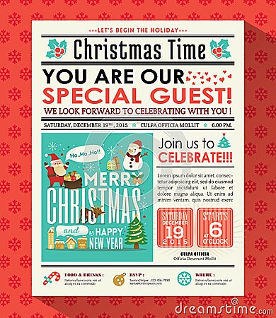 Christmas party poster invite background in newspaper style Vector Illustration