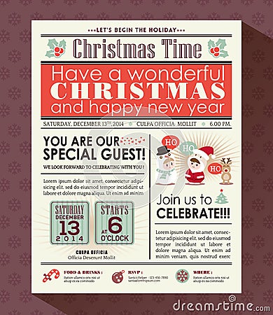 Christmas party poster invite background in newspaper style Vector Illustration