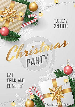 Christmas party poster template with realistic christmas elements. Vector Illustration