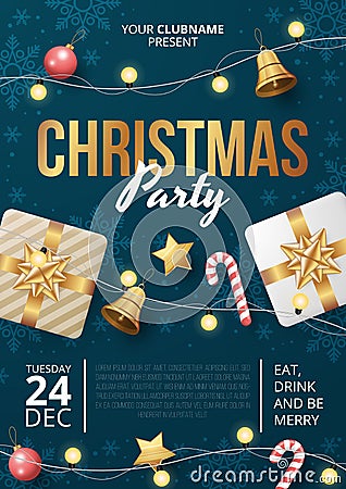 Christmas party poster template with realistic christmas elements. Vector Illustration