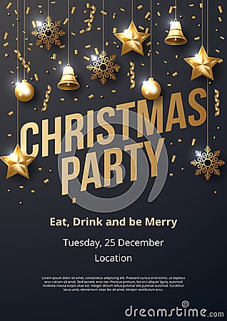 Christmas party poster template with shining gold ornaments Vector Illustration