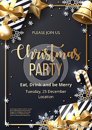 Christmas party poster template with shining gold and white ornaments Vector Illustration