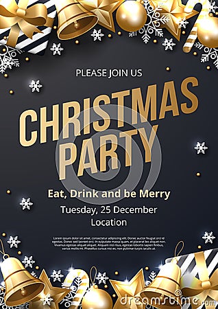 Christmas party poster template with shining gold and white ornaments Vector Illustration