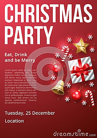 Christmas Party poster template with shining gold and white ornaments. Red Background Vector Illustration