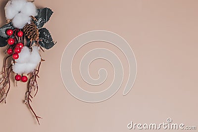 Christmas pastel background with cotton twigs and Christmas little red berries Stock Photo