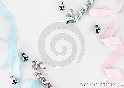 Christmas pastel blue and pink blue ribbon decorate with ornament balls on white background Stock Photo