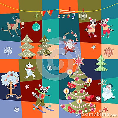 Christmas patchwork pattern with cute cartoon characters in vector Vector Illustration