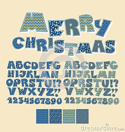 Christmas patchwork style abc font. Vector Illustration