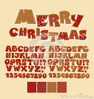 Christmas patchwork style abc font. Vector Illustration