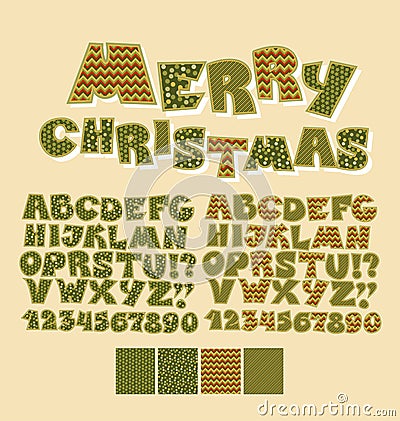 Christmas patchwork style abc font. Vector Illustration