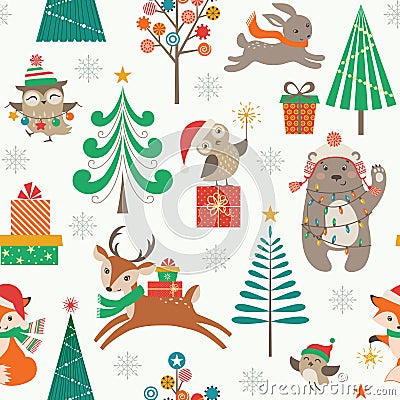 Christmas patter with cute animals Vector Illustration