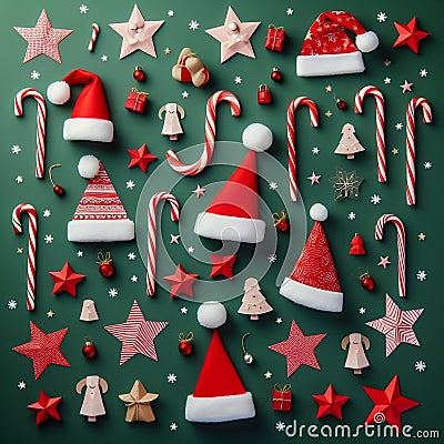 christmas pattern background. Christmas candy canes, red stars and paper santa caps Stock Photo