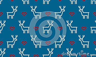 Christmas pattern background of seamless deer reindeer and red heart. Vector white deer pattern on blue background for winter holi Vector Illustration