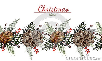 Christmas pattern of cones, leaves and berries on a white background Stock Photo