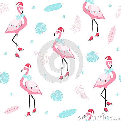 Christmas pattern with cute flamingo on skates. Vector Vector Illustration