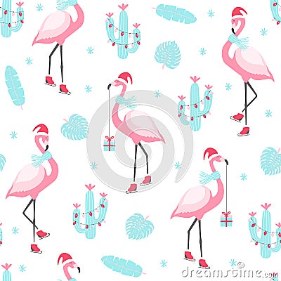 Christmas pattern with cute flamingo on skates. Vector Illustration