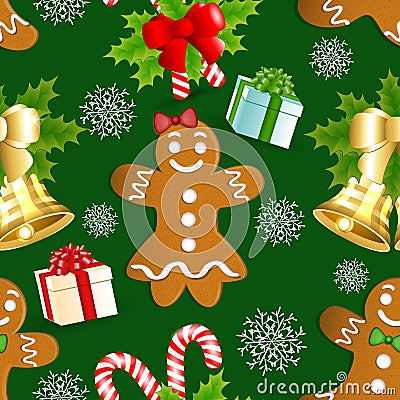 Christmas pattern with gingerbread, holly and golden bell Vector Illustration