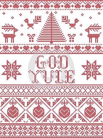 Christmas pattern God Yule seamless pattern inspired by Nordic culture festive winter in cross stitch with heart, snow Vector Illustration