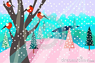 christmas pattern happy holidays winter landscape with firs, tree and birds bullfinch. Vector Illustration