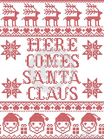 Christmas pattern Here comes Santa Claus seamless pattern inspired by nordic culture festive winter in cross stitch Vector Illustration