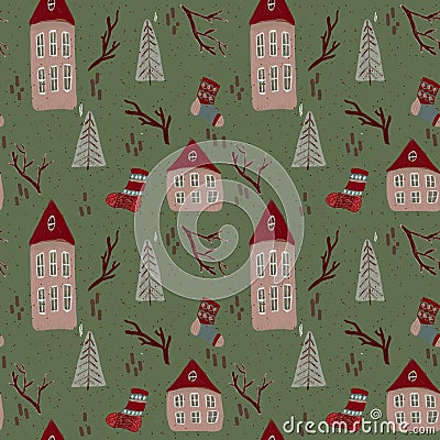 Christmas pattern with houses Stock Photo