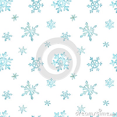 Christmas pattern of light blue falling snowflakes. Winter background. Watercolor Christmas illustration. Cartoon Illustration